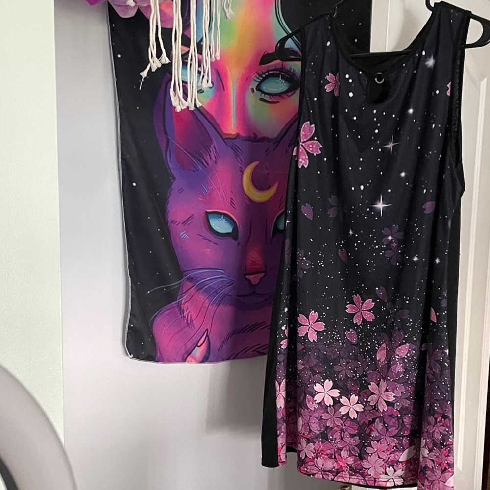 Black Dress with Pink Floral and Starry Design